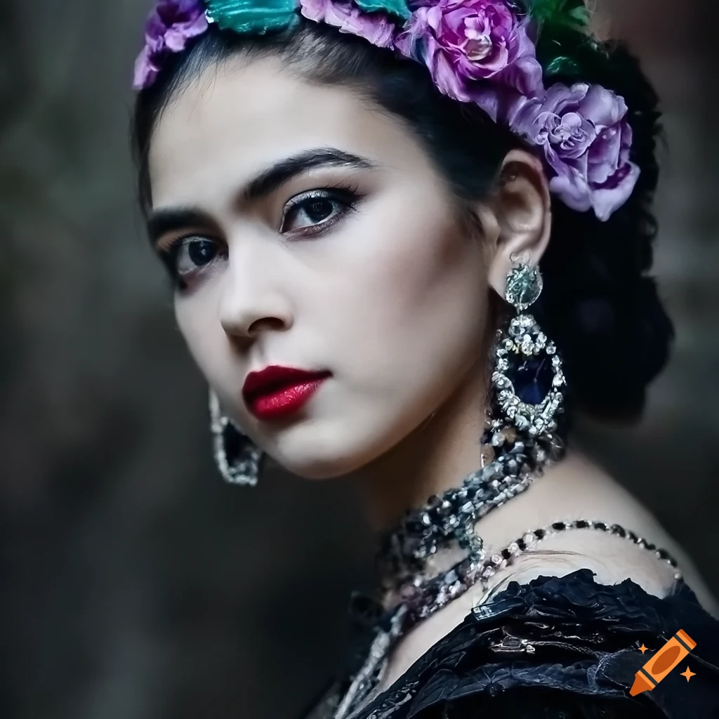 dark and gothic portrait of a young woman inspired by Frida Kahlo
