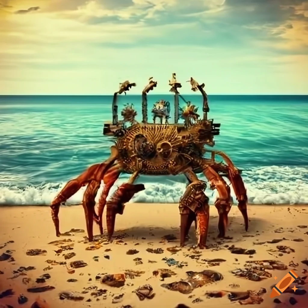surrealistic steampunk crab machines on the beach