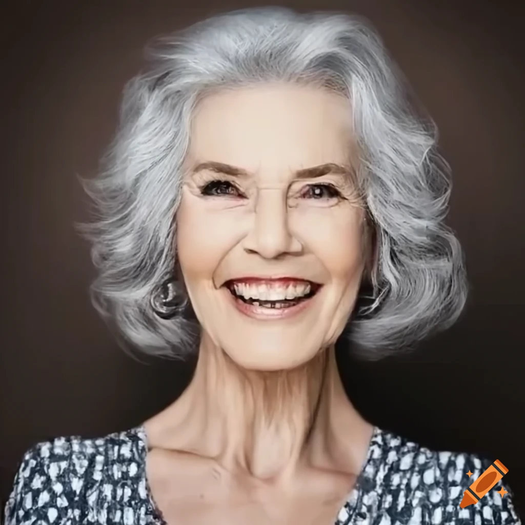 Confident and smiling middle-aged woman with silver hair on Craiyon