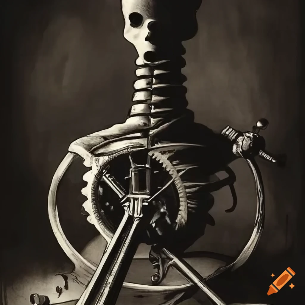 surreal art installation with black ribcage and various objects