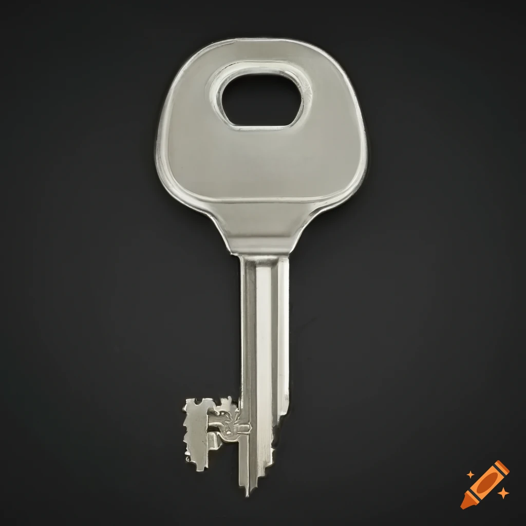 Silver front door key on a white background