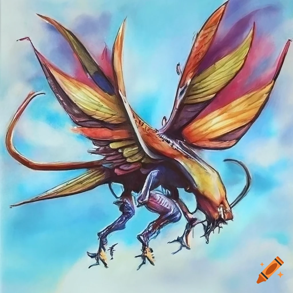 color pencil sketch of an ornithopter art deco