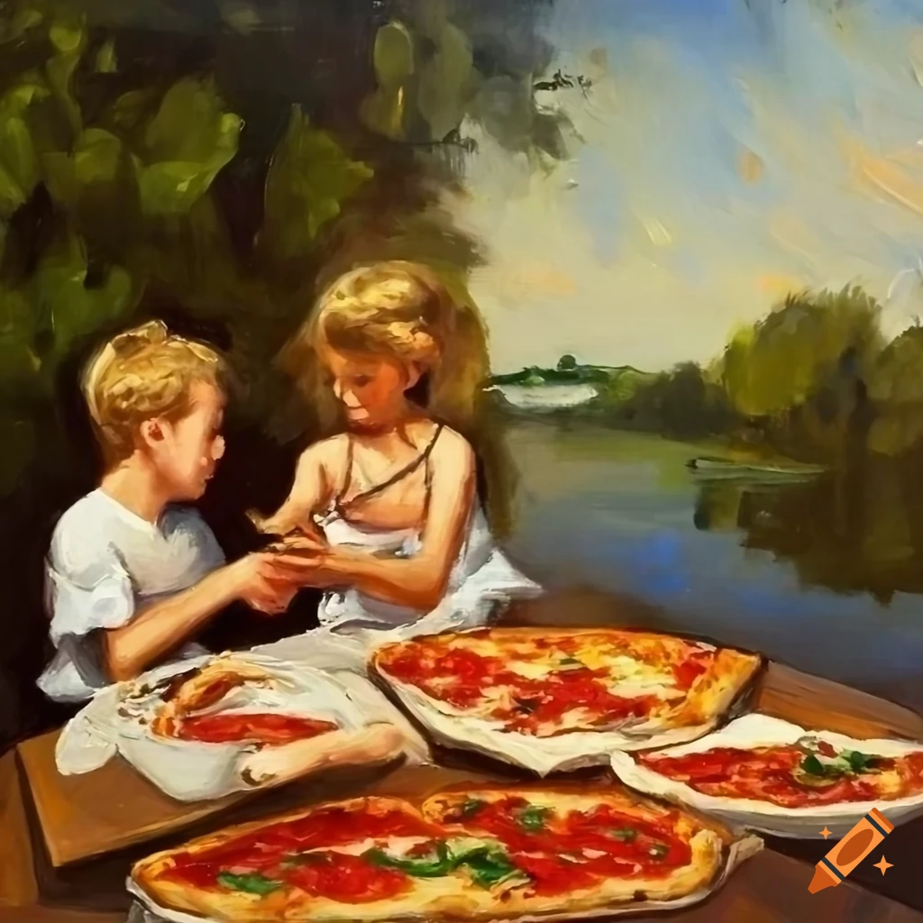 Oil painting of siblings eating pizza by the river