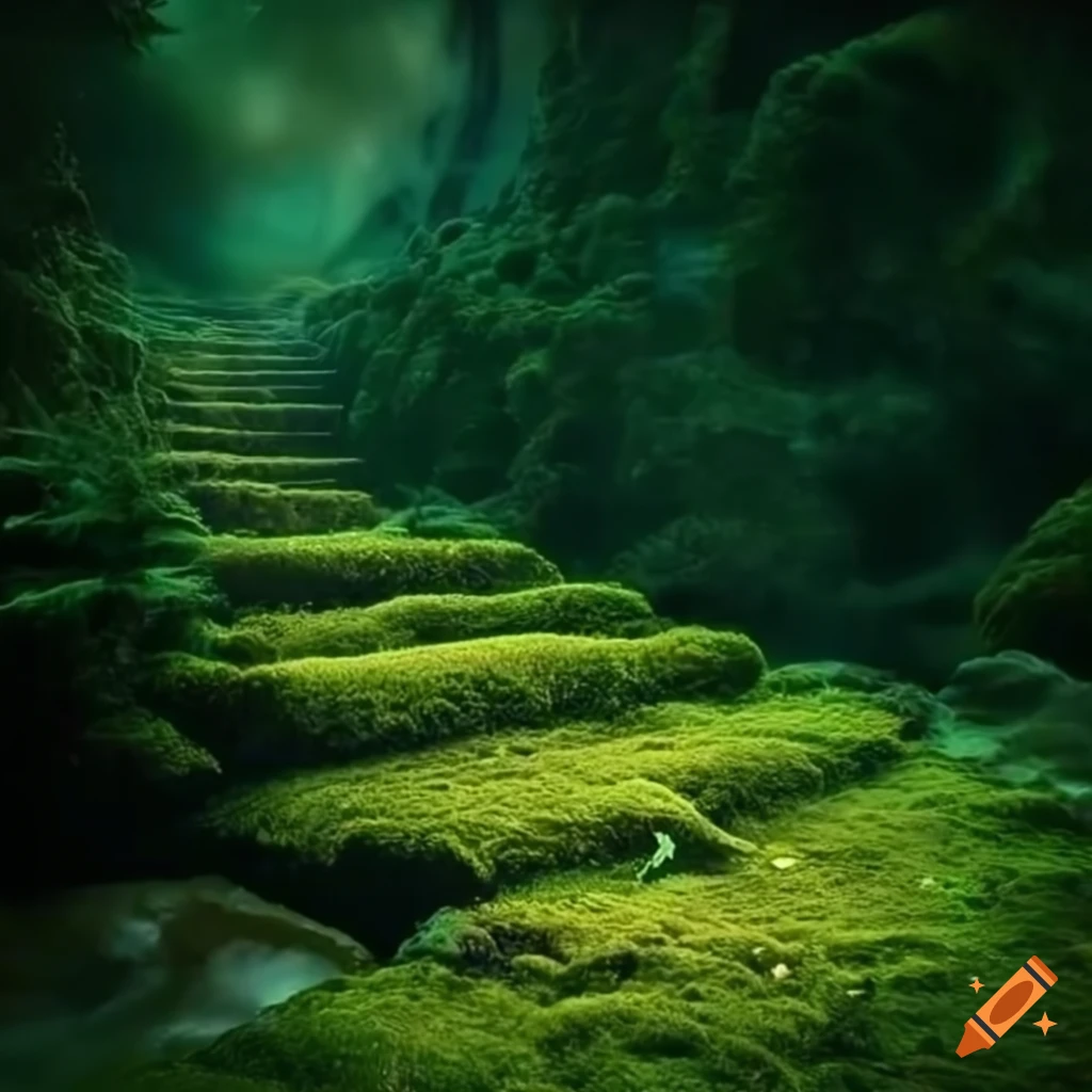 moss-covered steps leading to mystical clouds