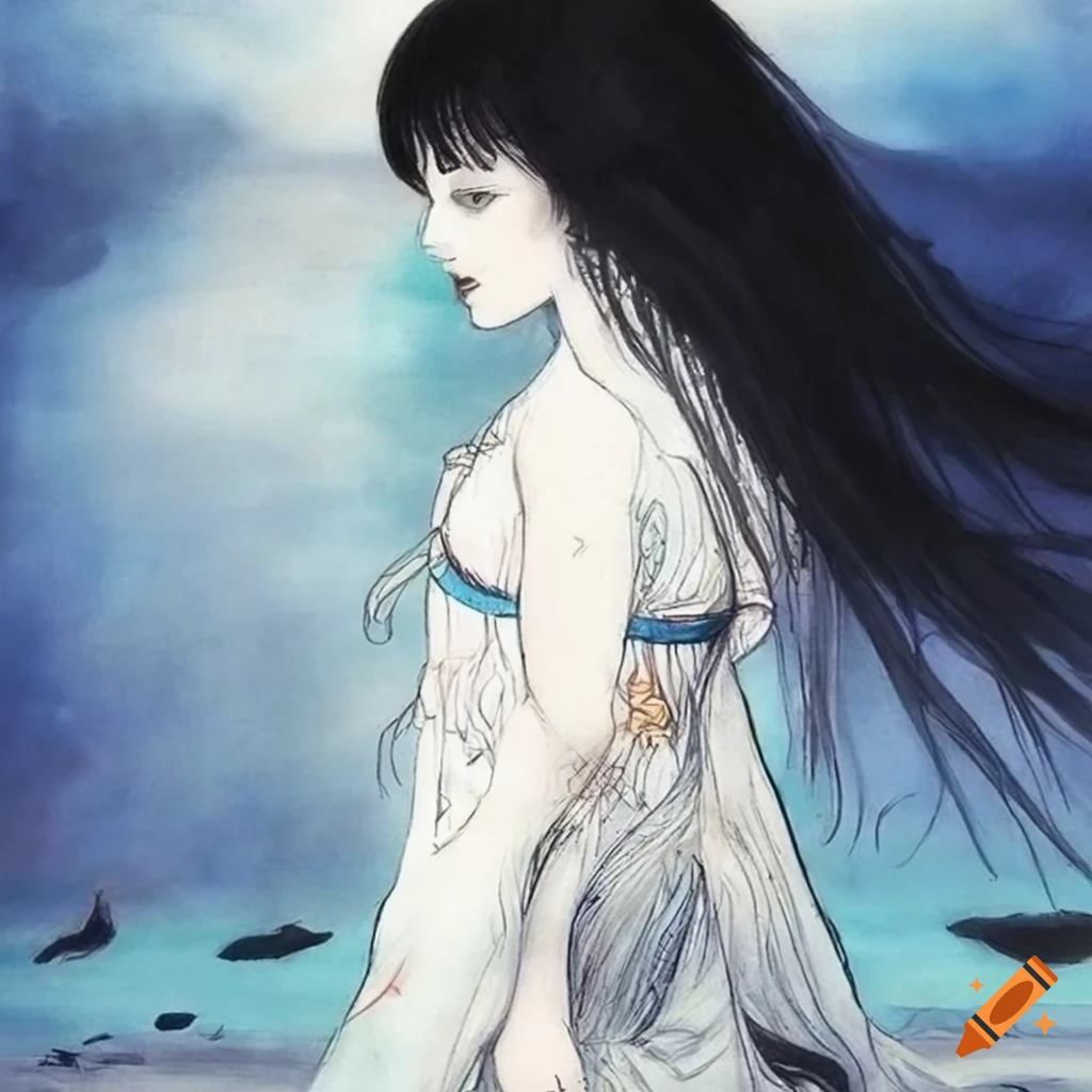 Beautiful nymphs at a pool in the style of yoshitaka amano on Craiyon