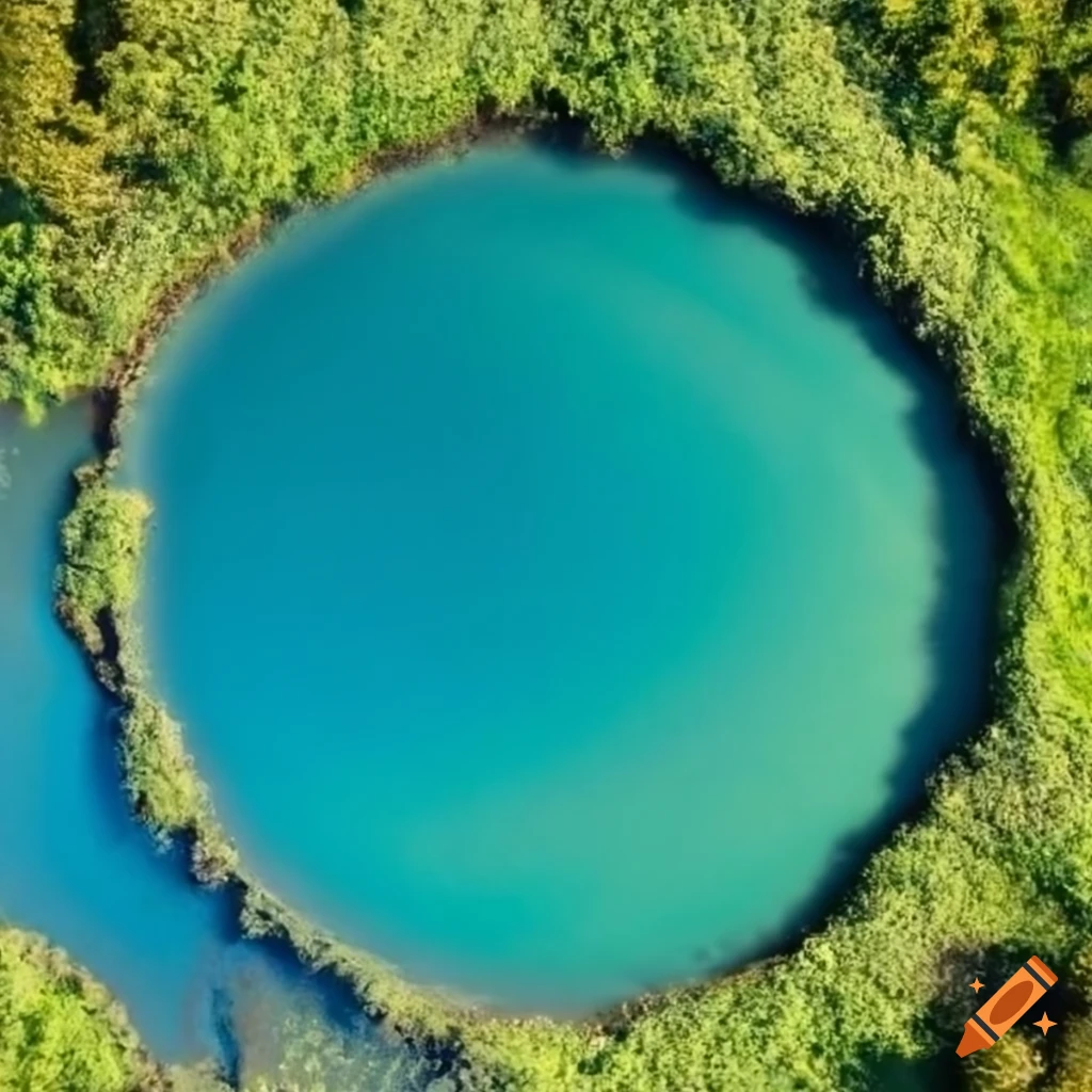 Aerial view of a blue-green muddy pond on Craiyon