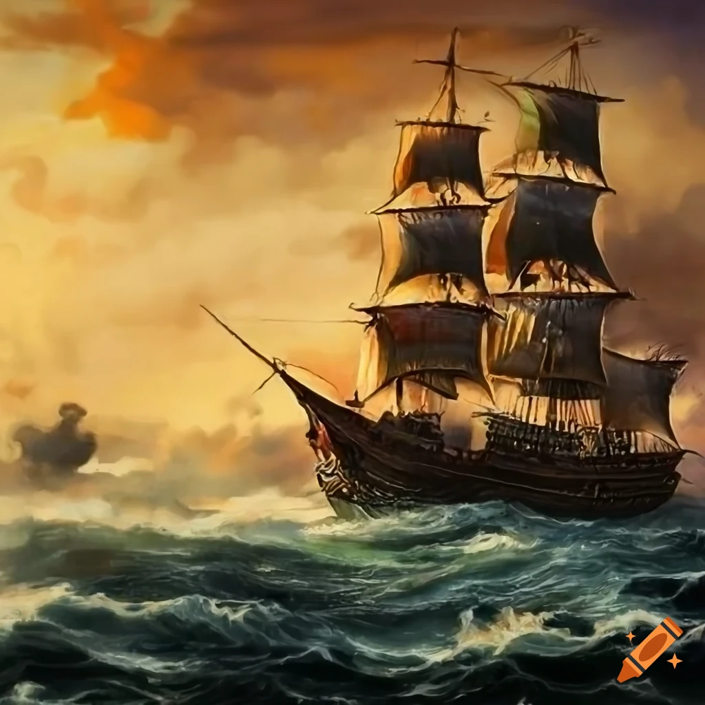 Painting of a pirate ship sailing in stormy waters on Craiyon