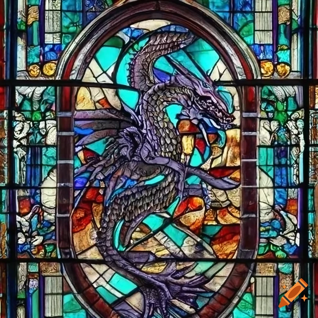 Stained glass window with a black dragon on Craiyon