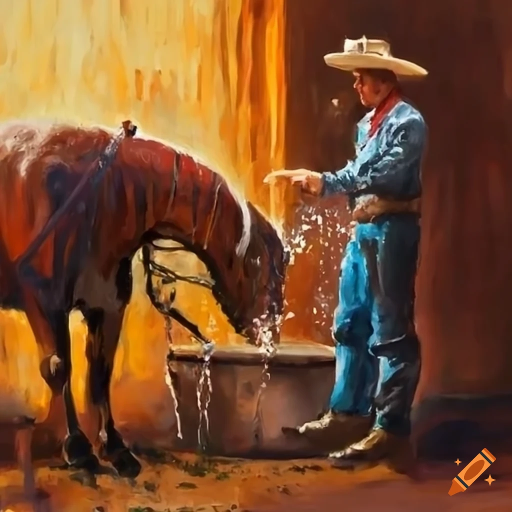 Cowboy painting pouring water into a horse trough