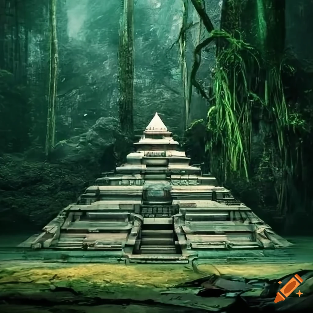 Exterior view of a sci-fi step pyramid in the jungle on Craiyon