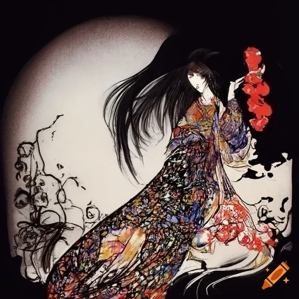 Gracefully depicted angel girl in the style of yoshitaka amano on Craiyon
