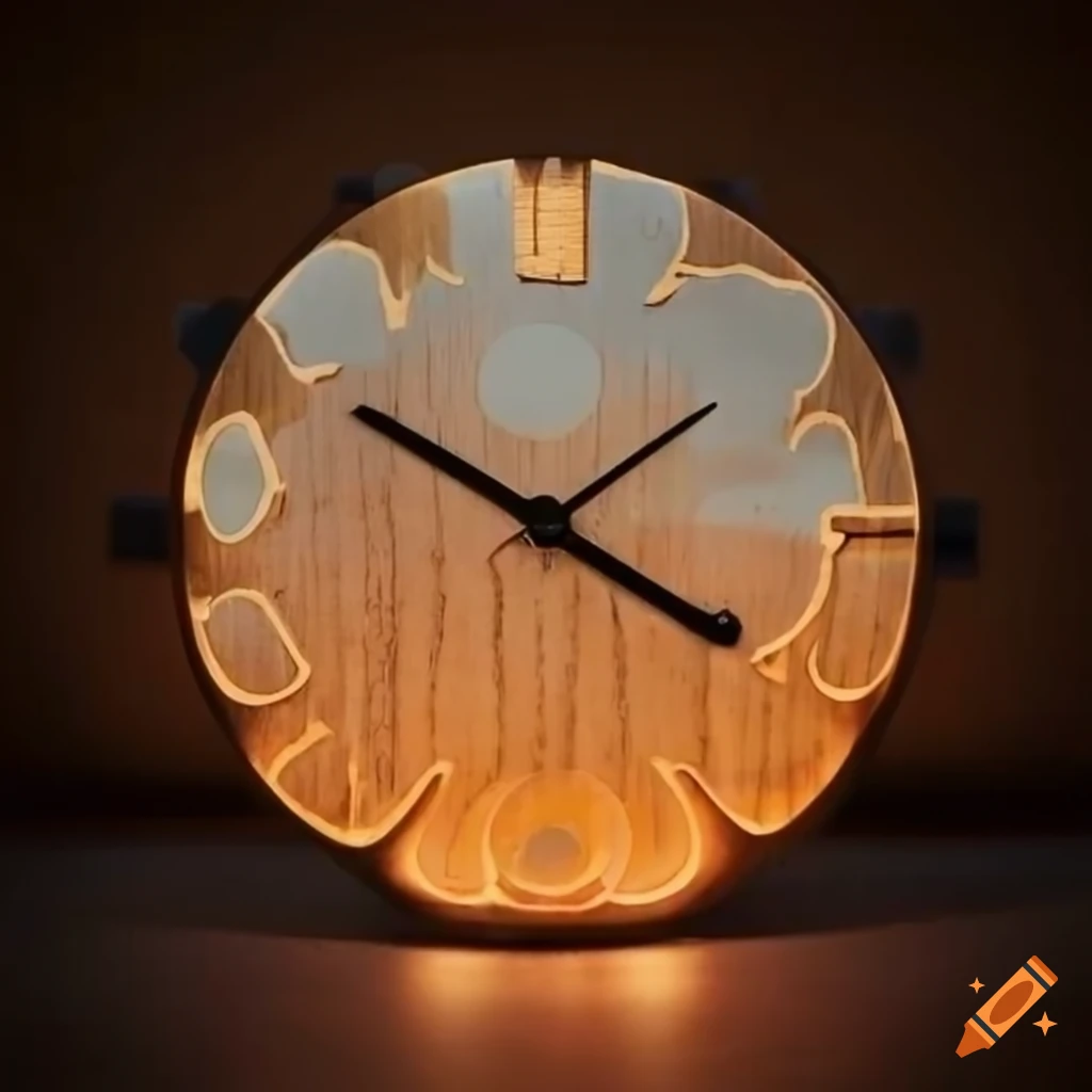 Laser cut wooden clock with resin and led light