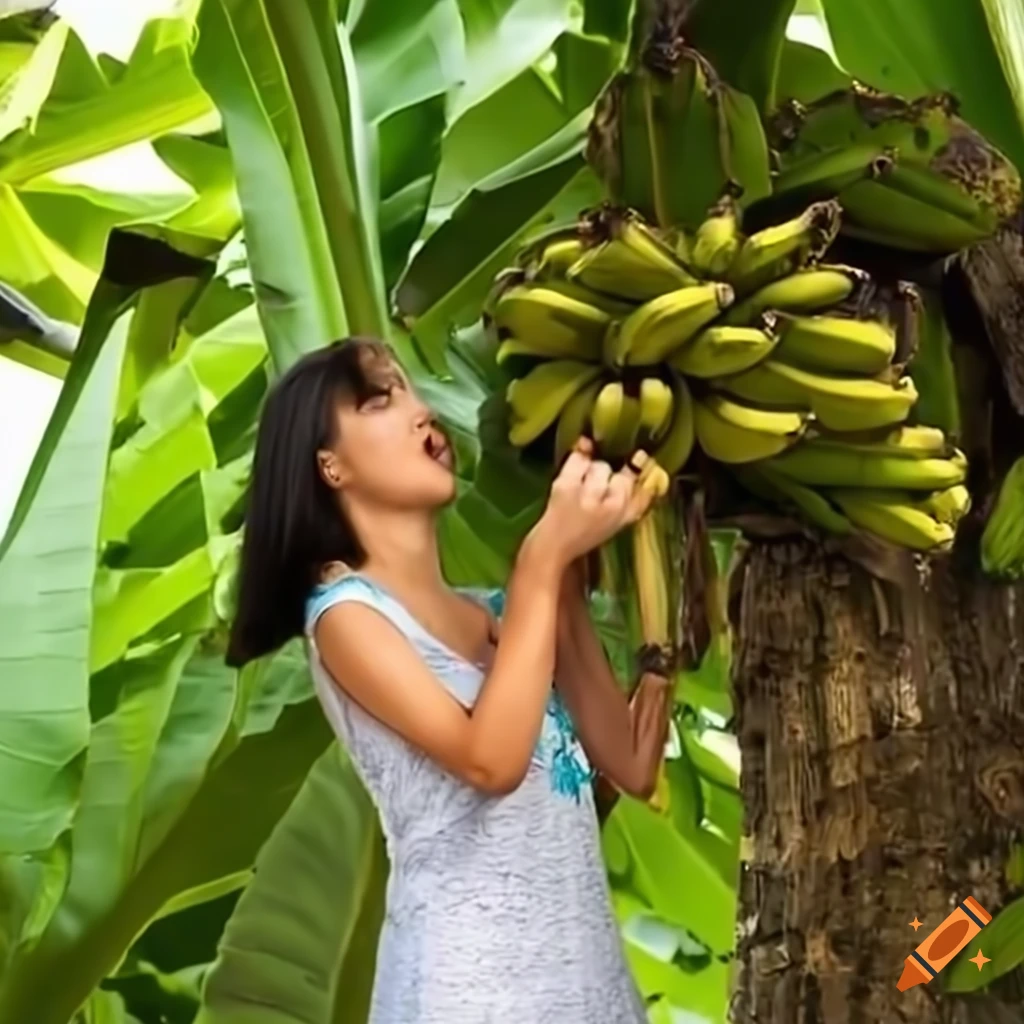 Woman harvesting bananas from a tree on Craiyon