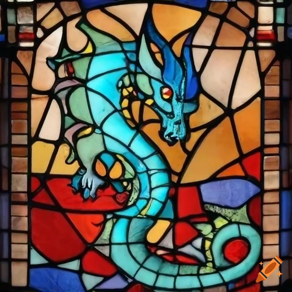 Stained glass window with a dragon design on Craiyon
