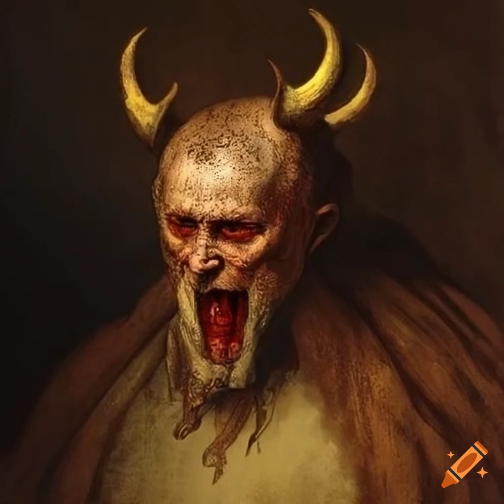 painting of a demonic face with horns by Gustave Dore