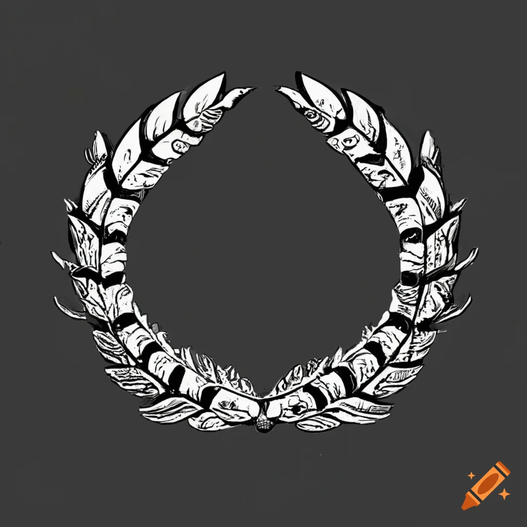 Transparent black and white drawing of an 18th-century laurel crown on