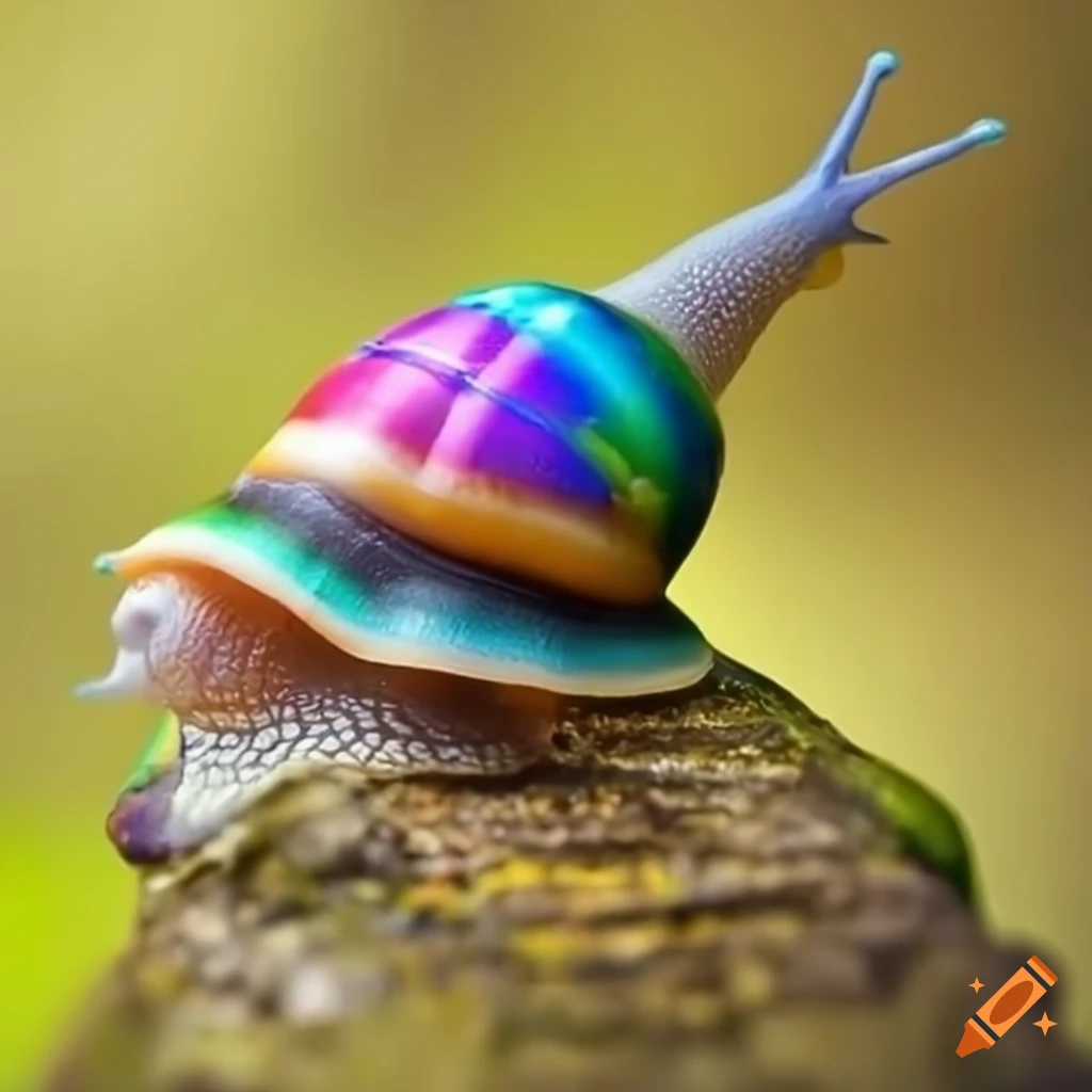 whimsical rainbow-colored snail with sparkling slime