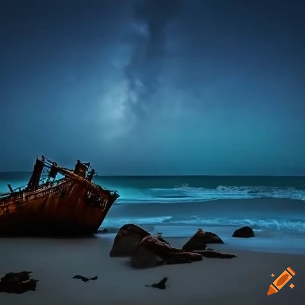 night scene of a shipwreck on the beach