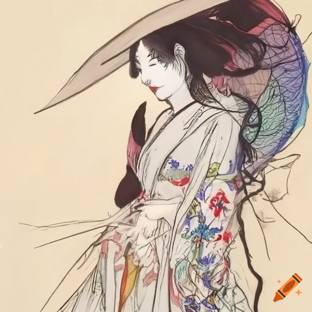 sketch of a ghostly Japanese woman in white attire