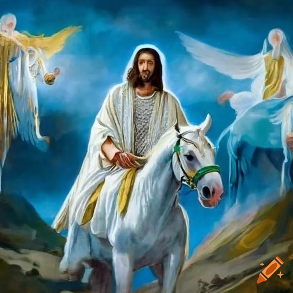 depiction of Jesus riding a white horse with angels
