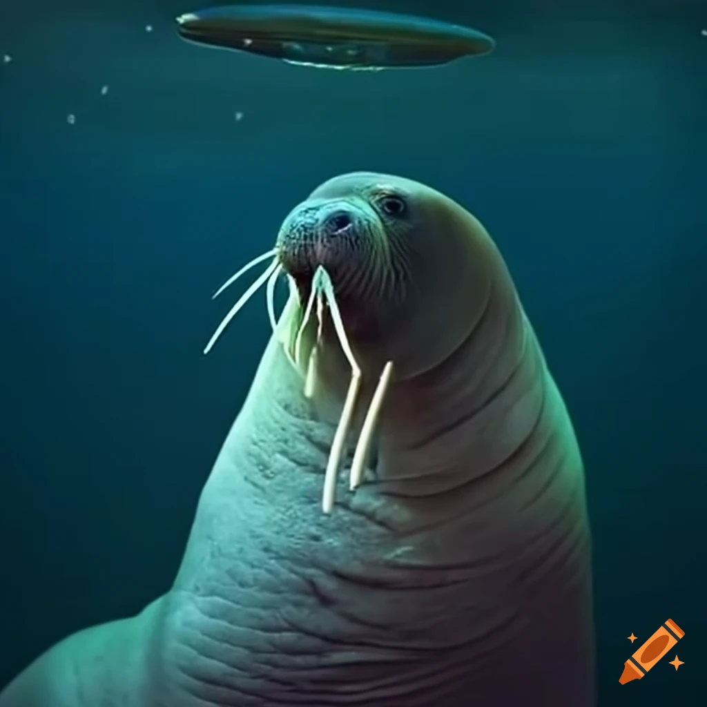illustration of a walrus abducted by a UFO