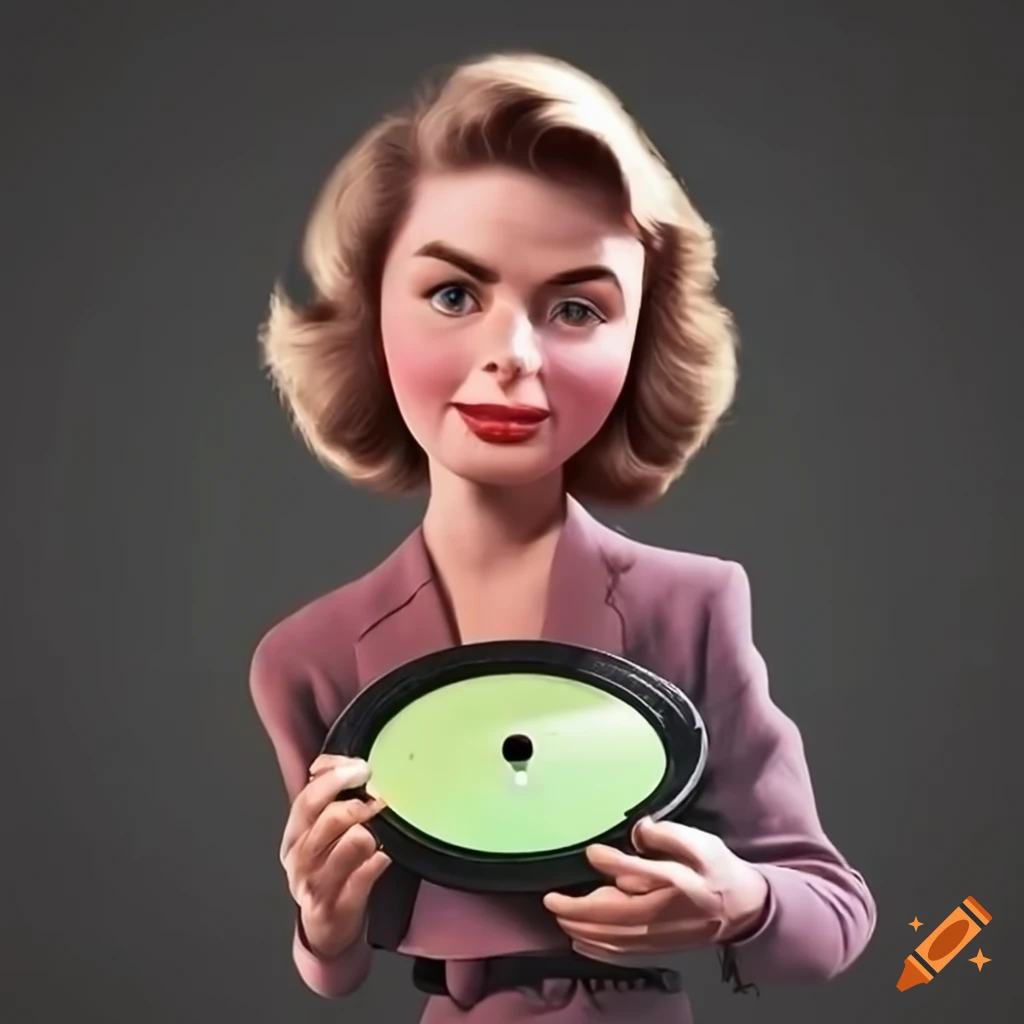 Ingrid Bergman as a Pixar character holding a vinyl record