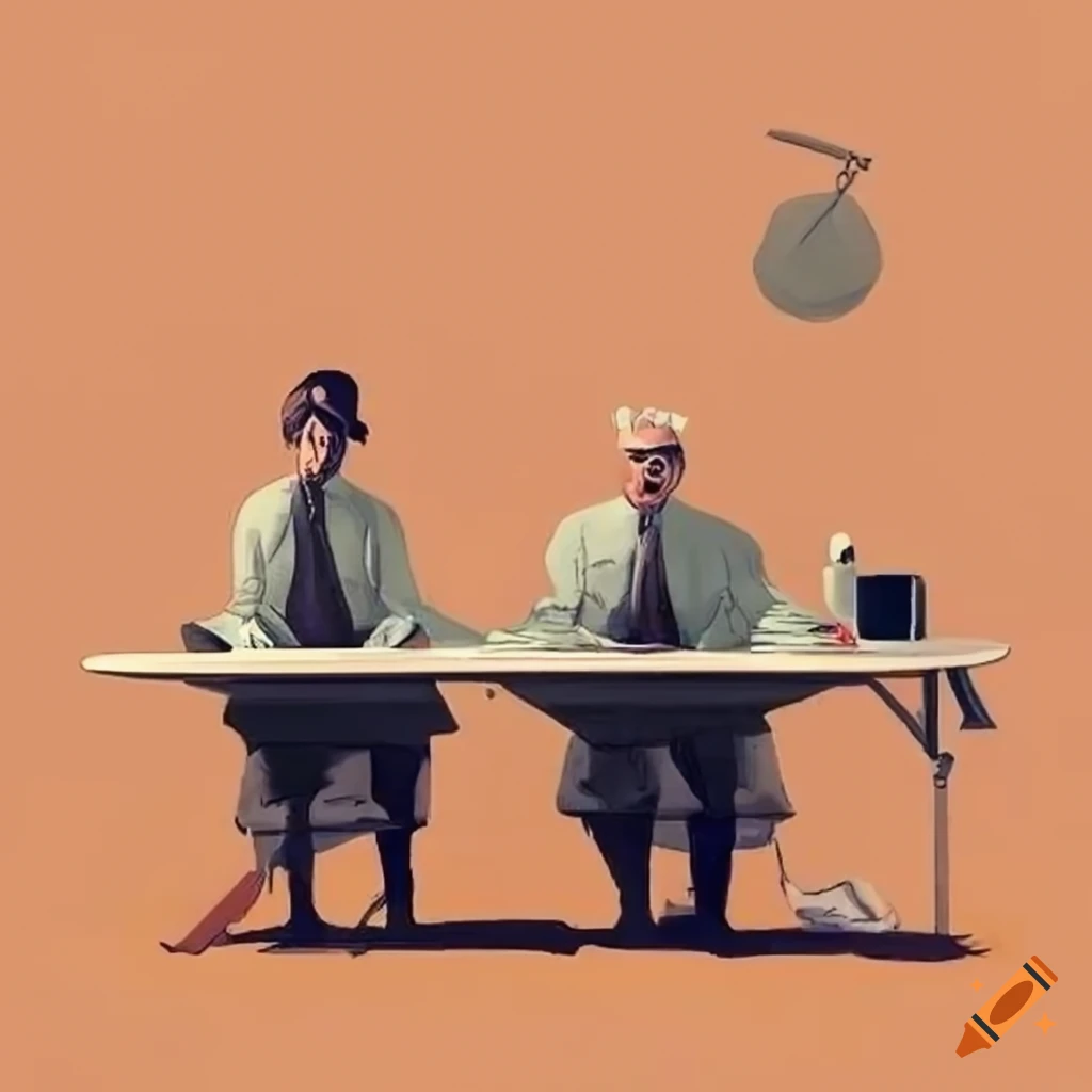 propaganda art of two people sitting behind a desk