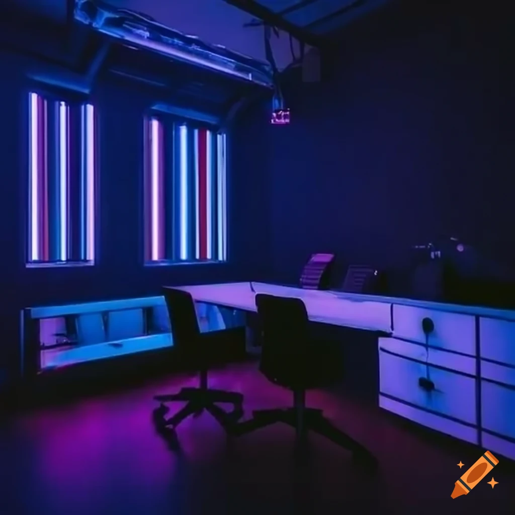 Vibrant neon-lit modern office