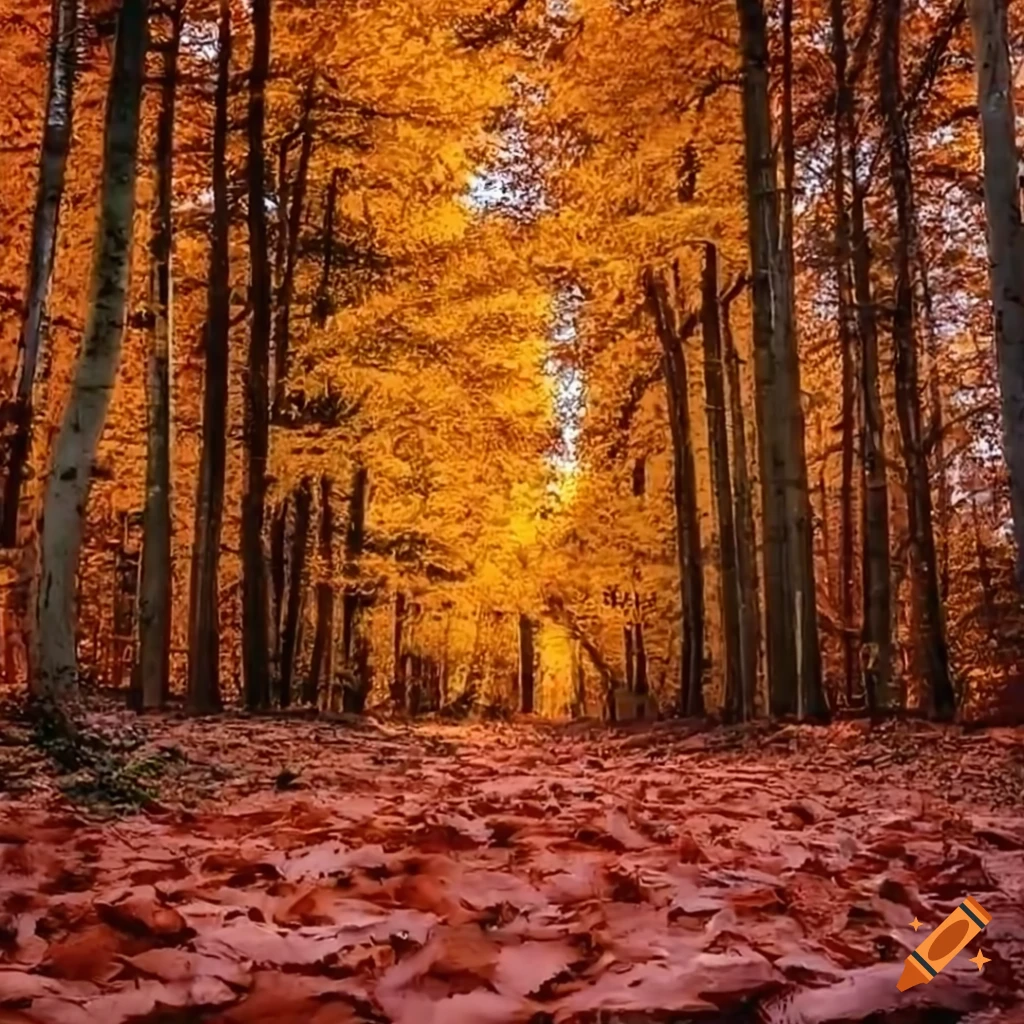 autumn forest with brown leaves on the ground and trees
