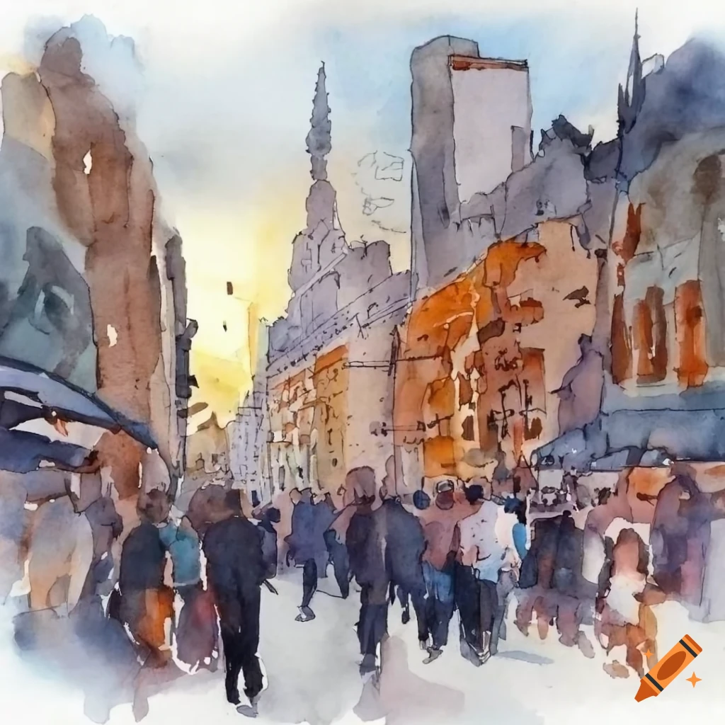 watercolor painting of a busy city street at sunset