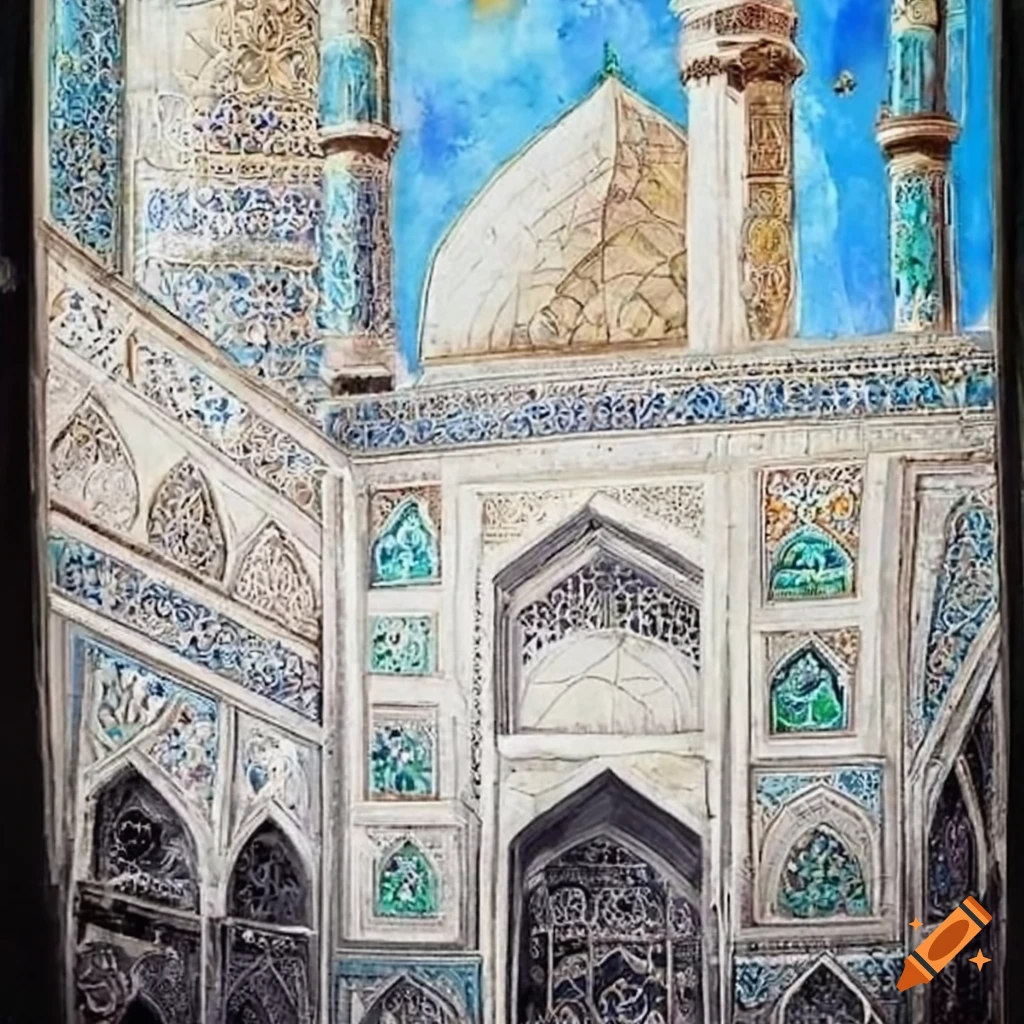 persian mosque with garland in sunny blue sky