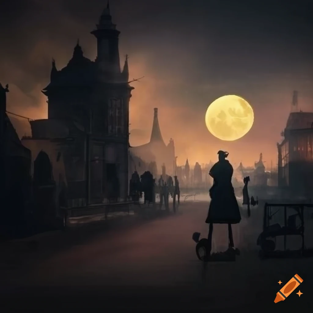 Victorian steampunk street at night with steam cars and moonlight on ...