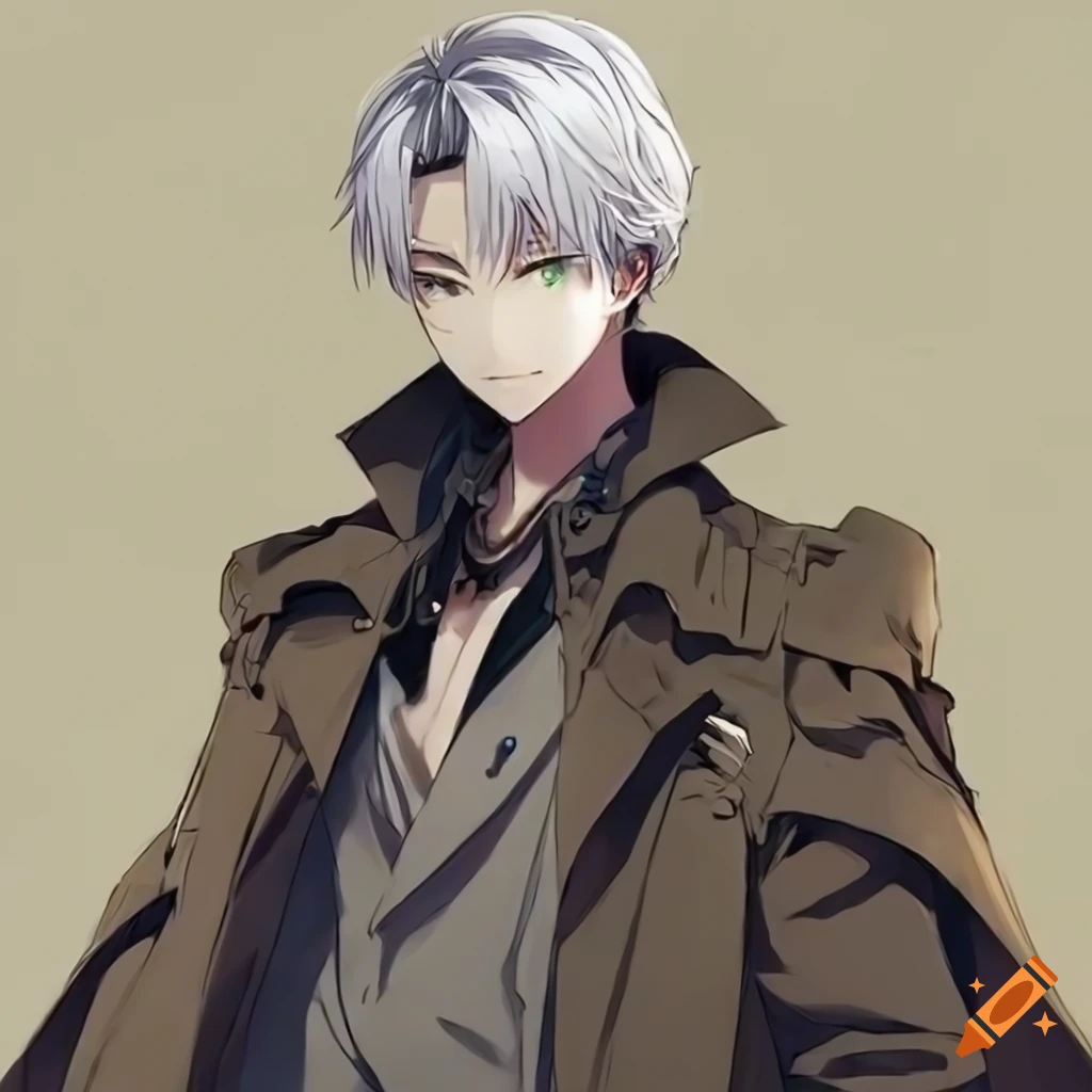 image of an anime character with short white hair and a green trench coat