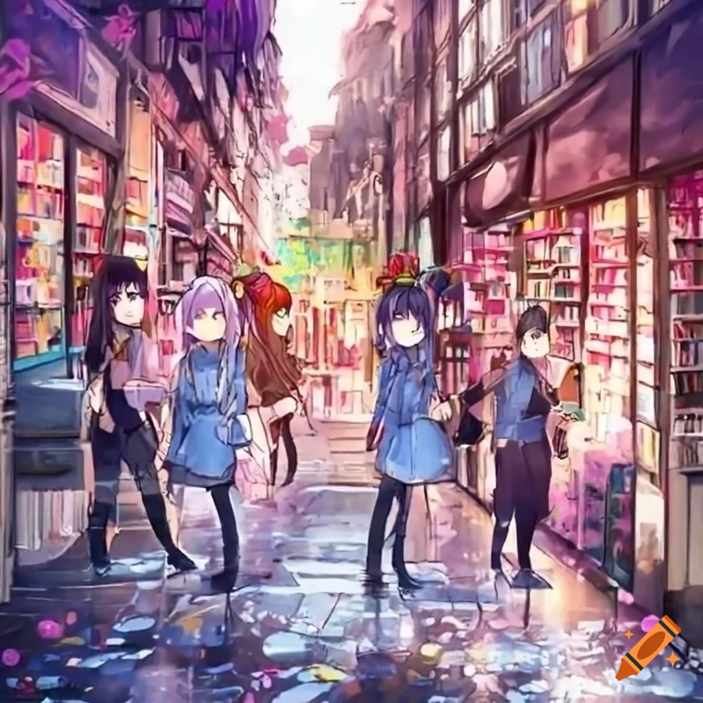 anime girls at a crowded book market on a rainy day on Craiyon