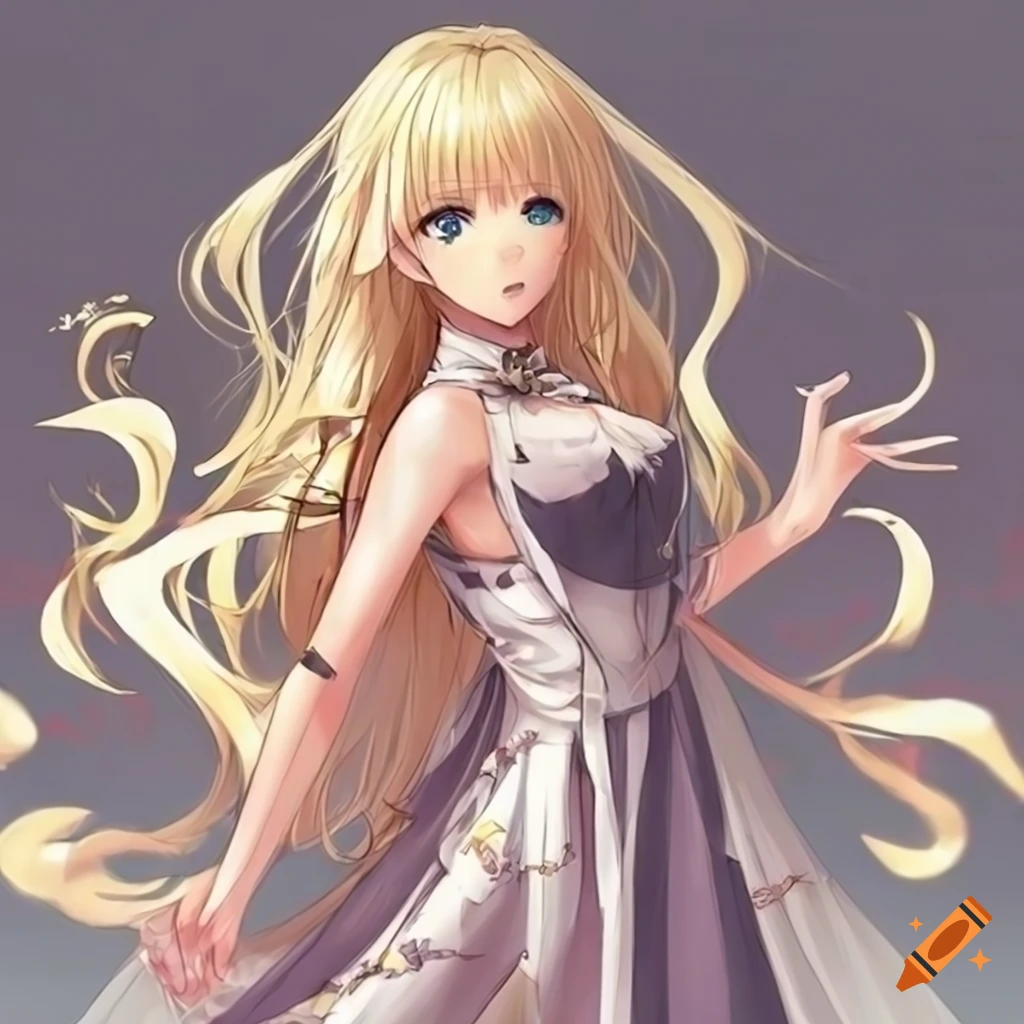 Anime character with long blond hair wearing a pretty dress on Craiyon