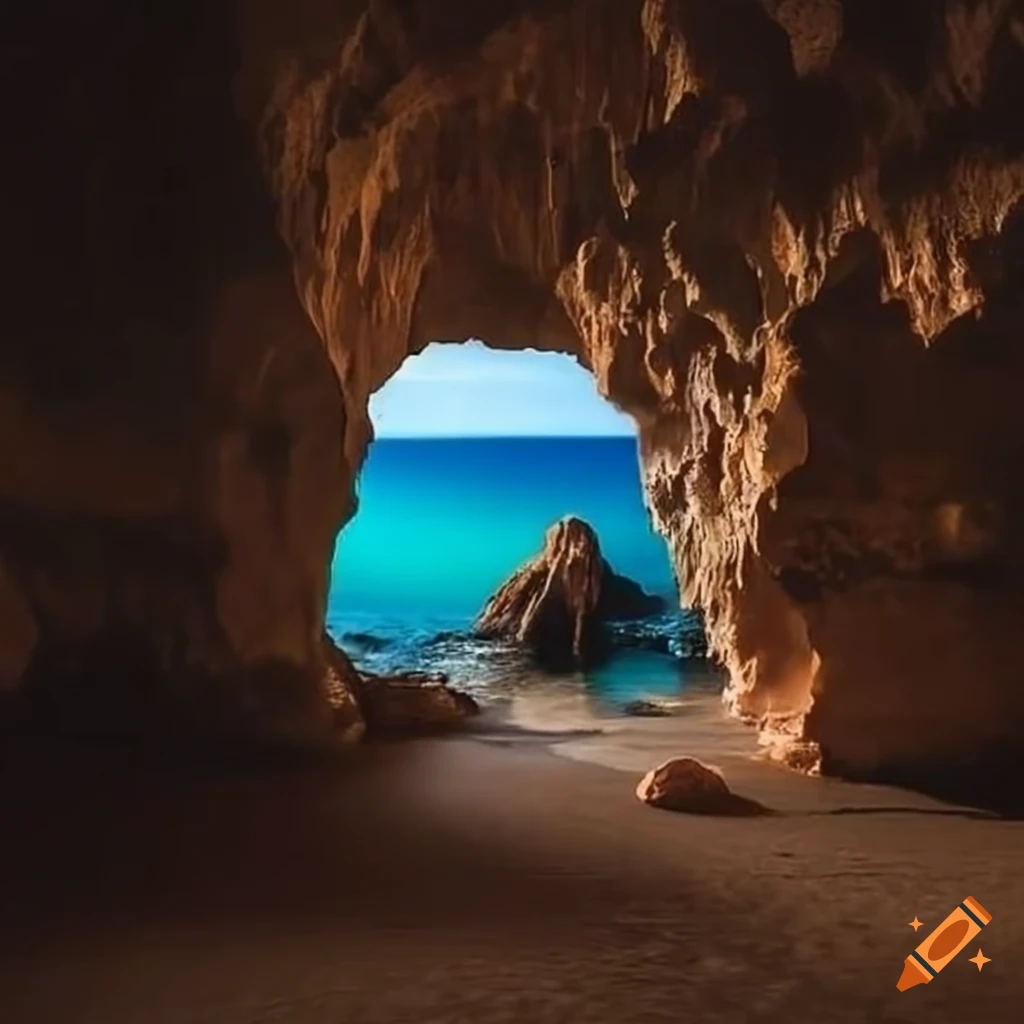 cave by the mediterranean sea with firelight
