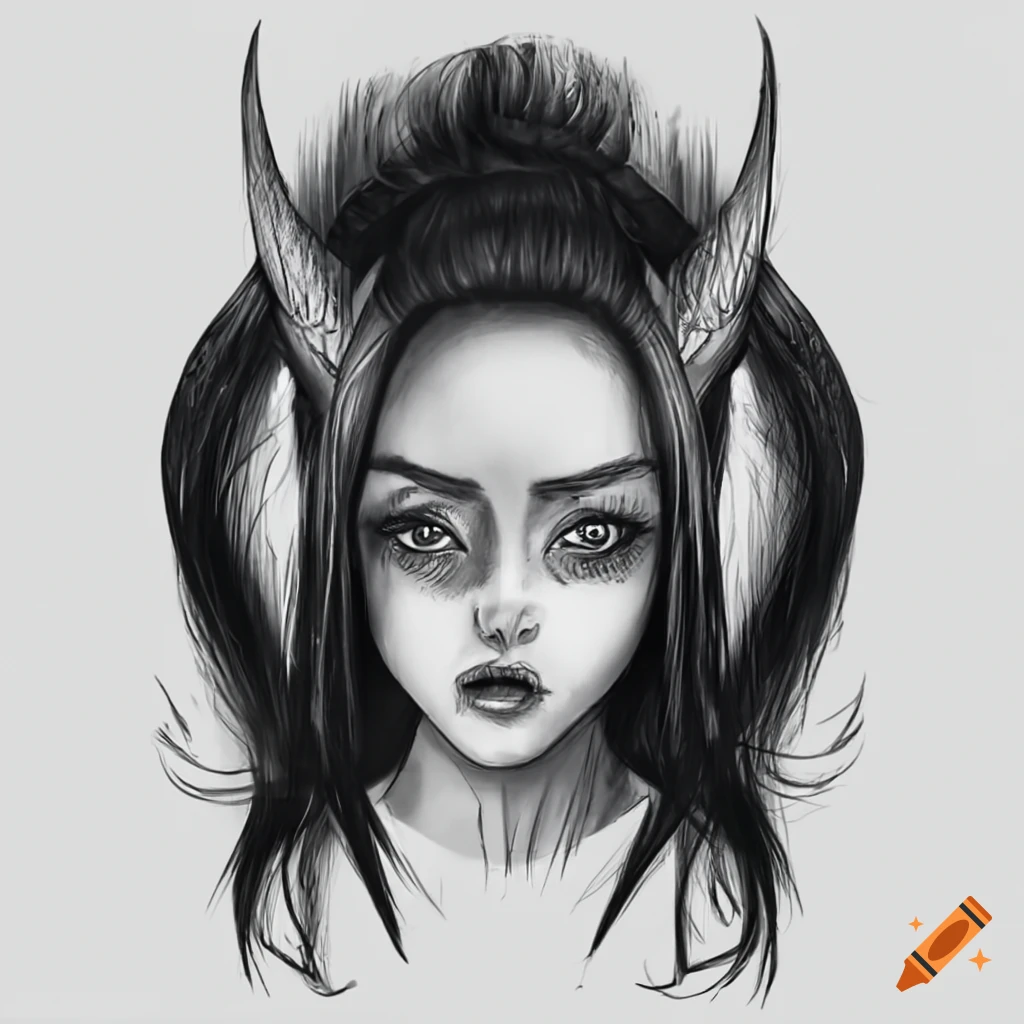 Black and white sketch of a girl with horns on Craiyon