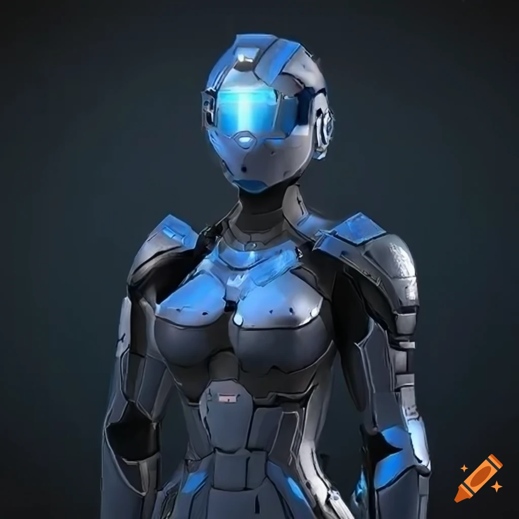 female character in a sapphire futuristic armor suit