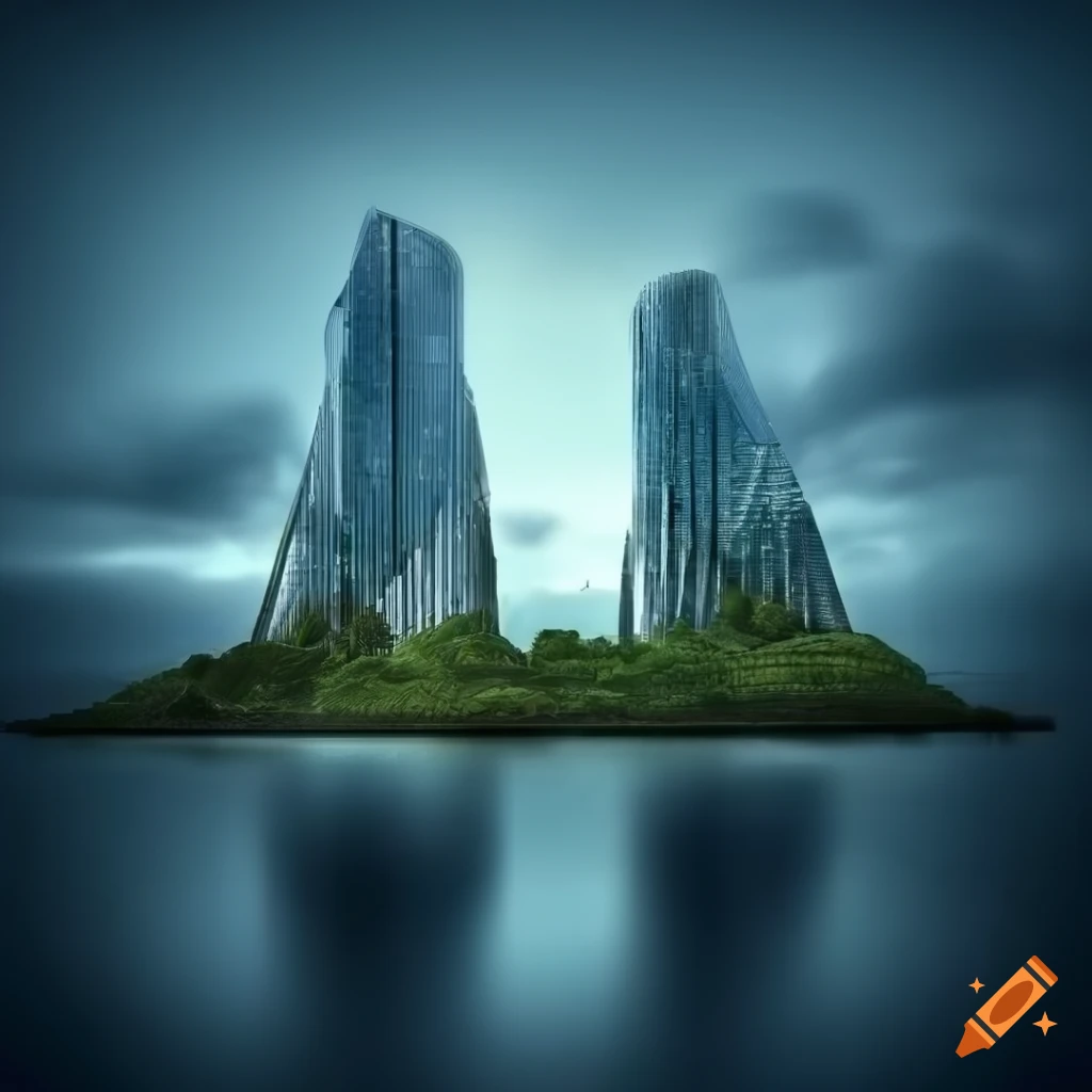digital art of a futuristic skyscraper on an island