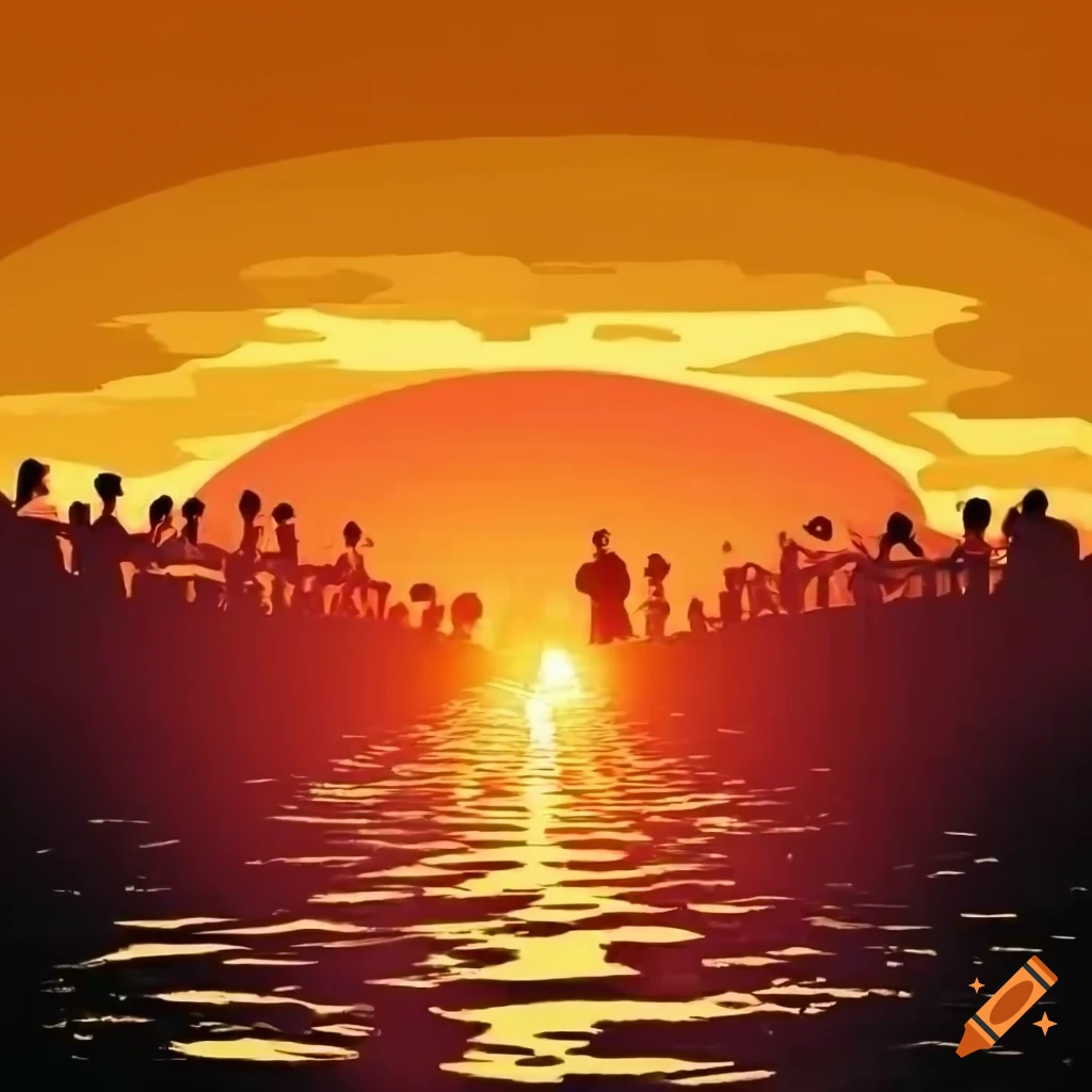 sunset over a lake with a crowd of beggars