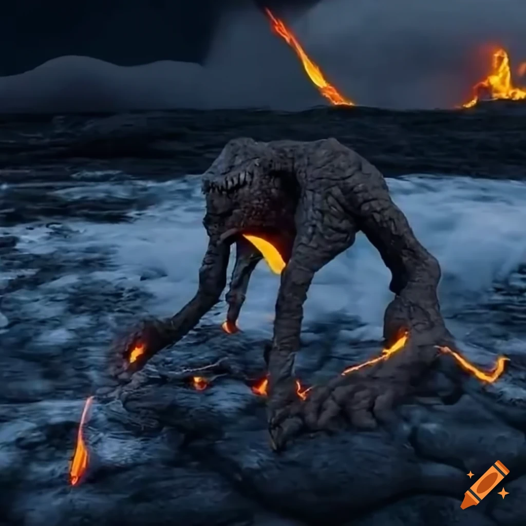 digital art of a creature emerging from molten lava
