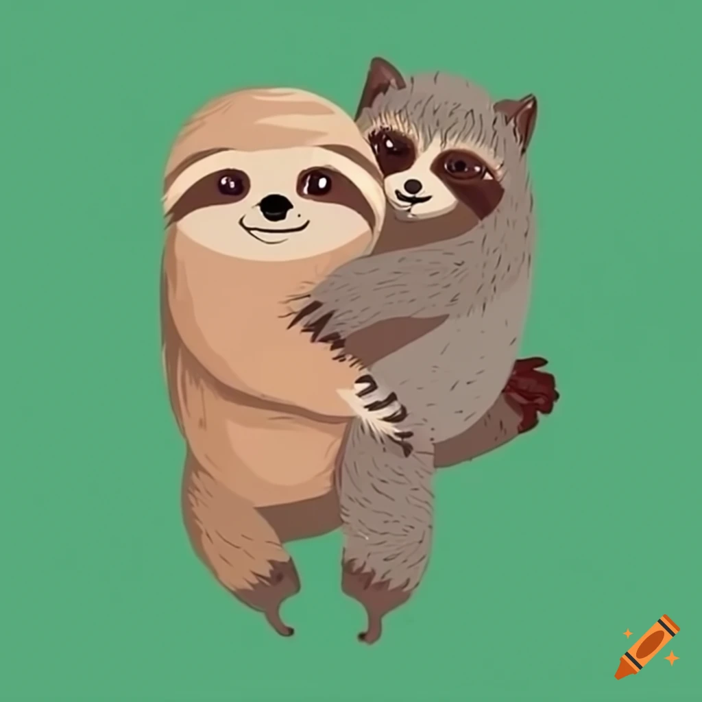 sloth and raccoon sharing a hug