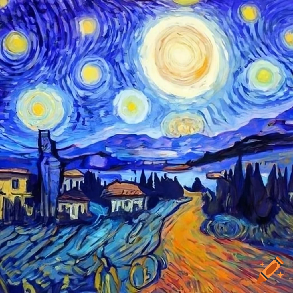 cartoon art of a Tuscany-style home inspired by Van Gogh