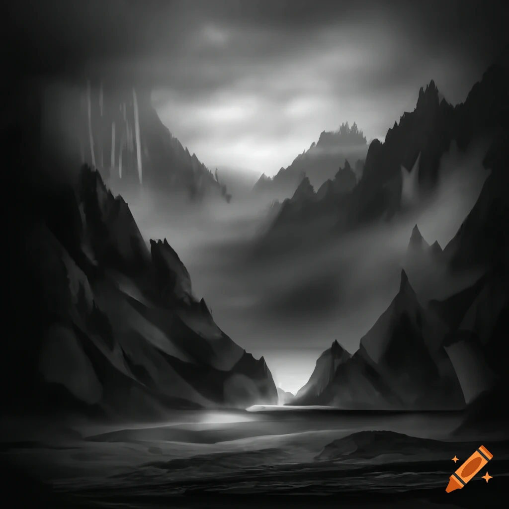 black and white photo of mountains and caves in heavy rain