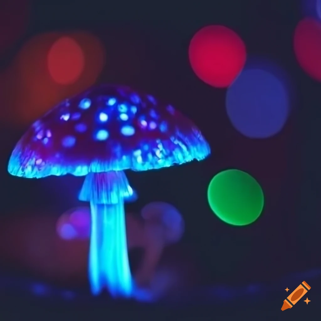 Closeup of glowing mushrooms in a bokeh effect