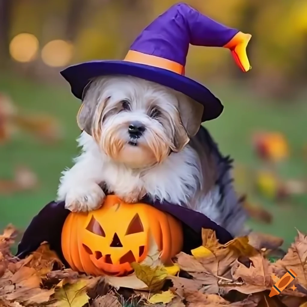 Cute havanese puppy with a witch hat in autumn leaves