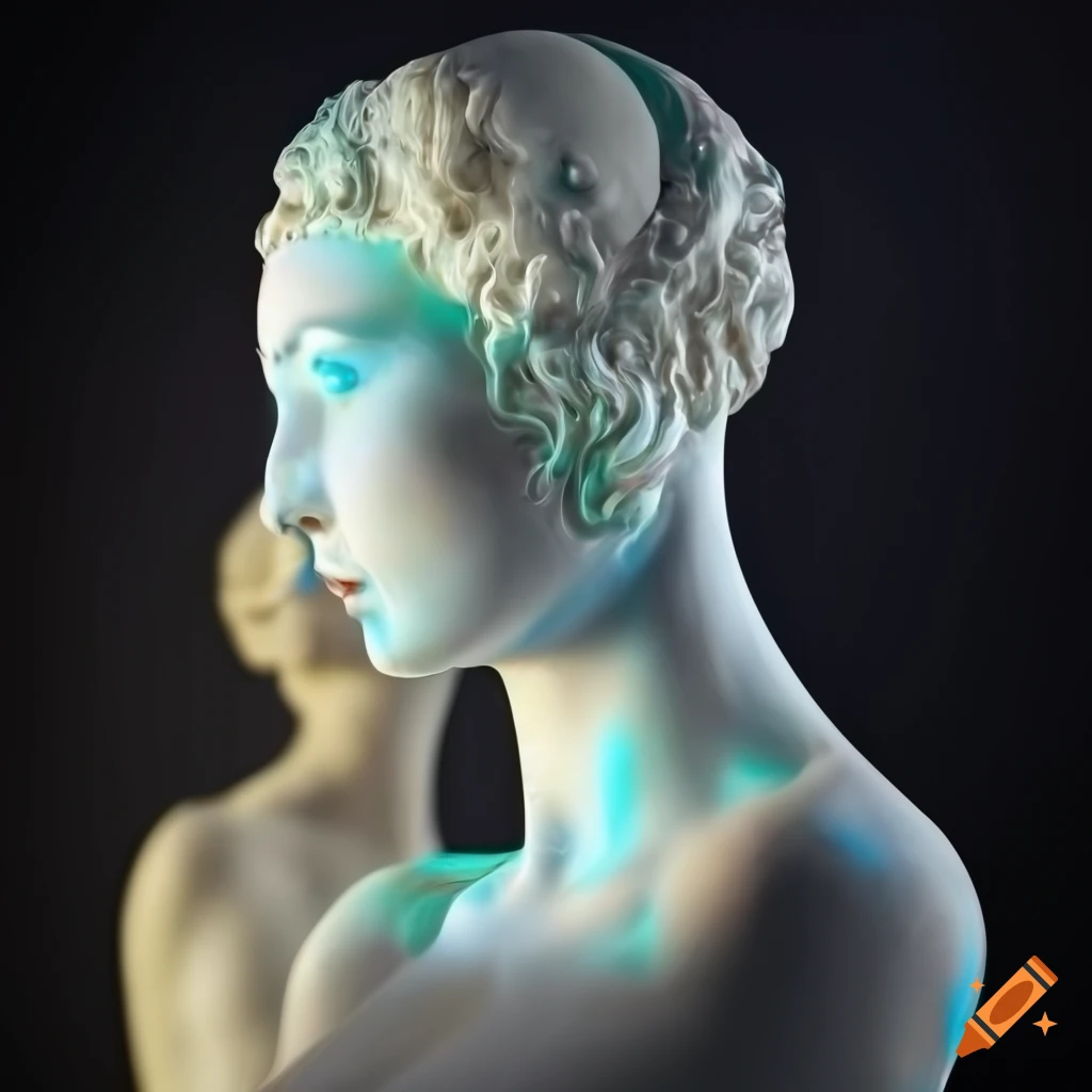 Broken marble statue of a woman with headphones in a dystopian