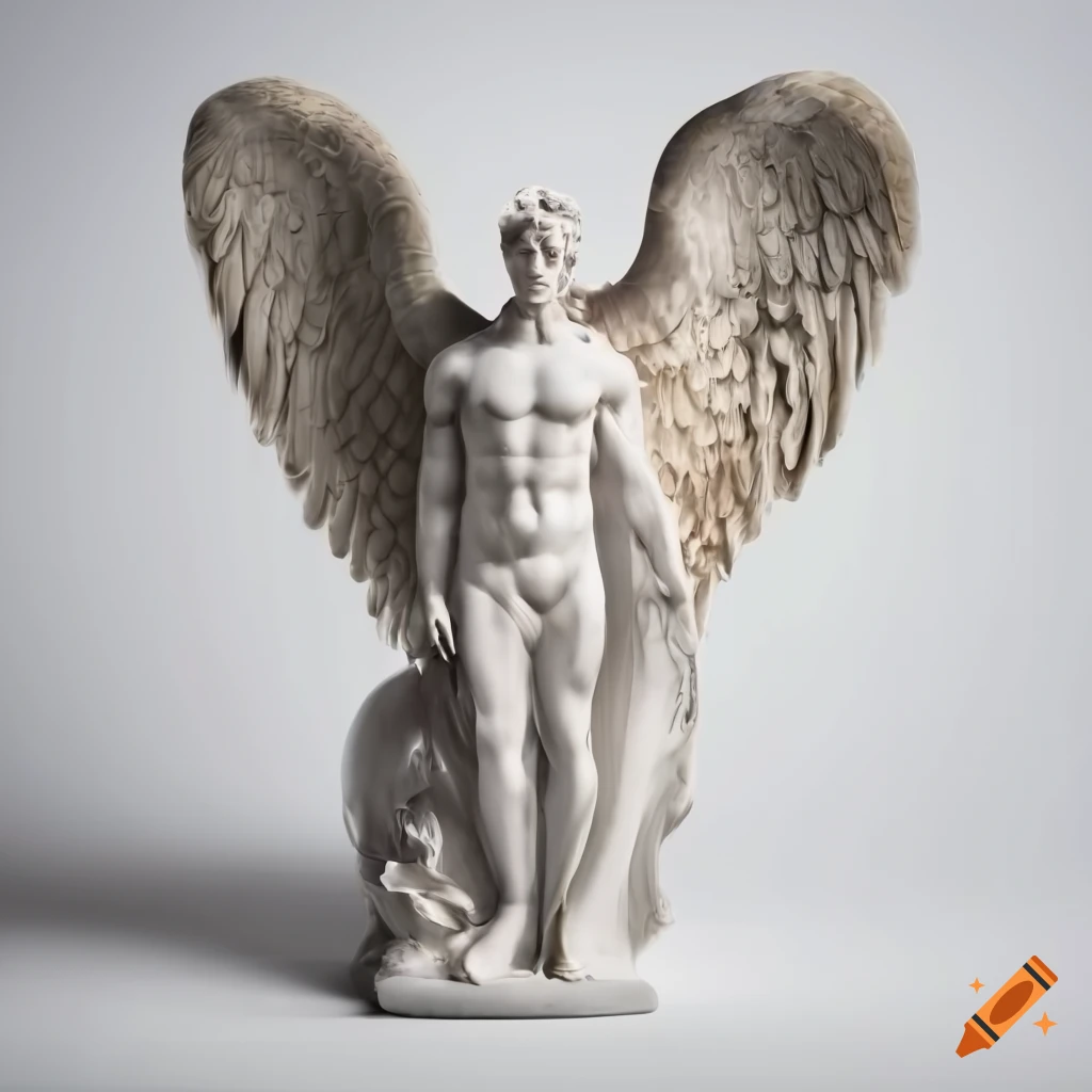 marble sculpture of a male angel with large wings