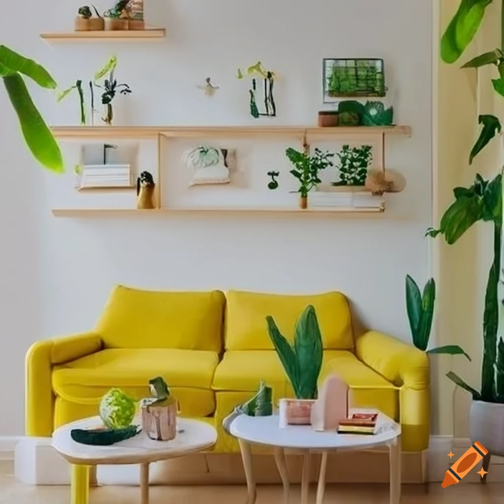 airy living room with yellow sofa and lots of plants