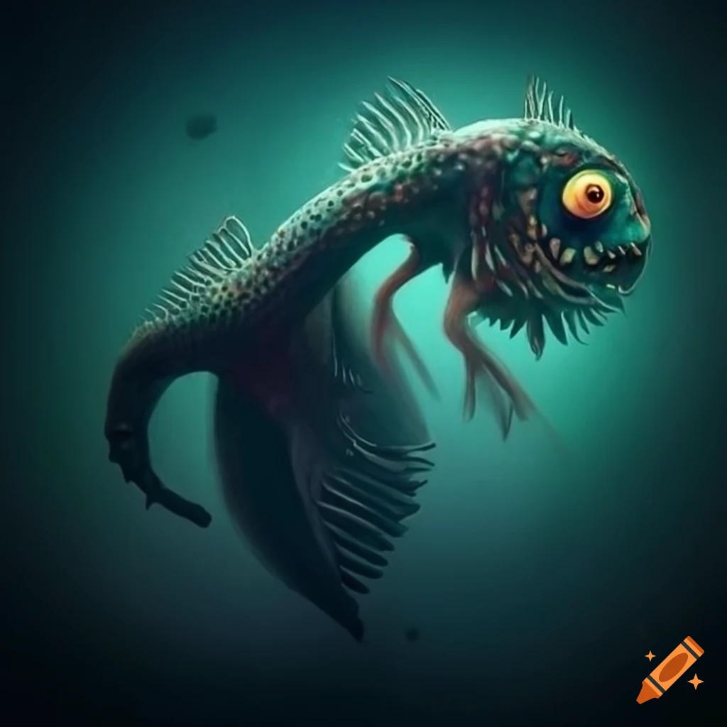 Surrealistic fish monsters in abyssal dark on Craiyon